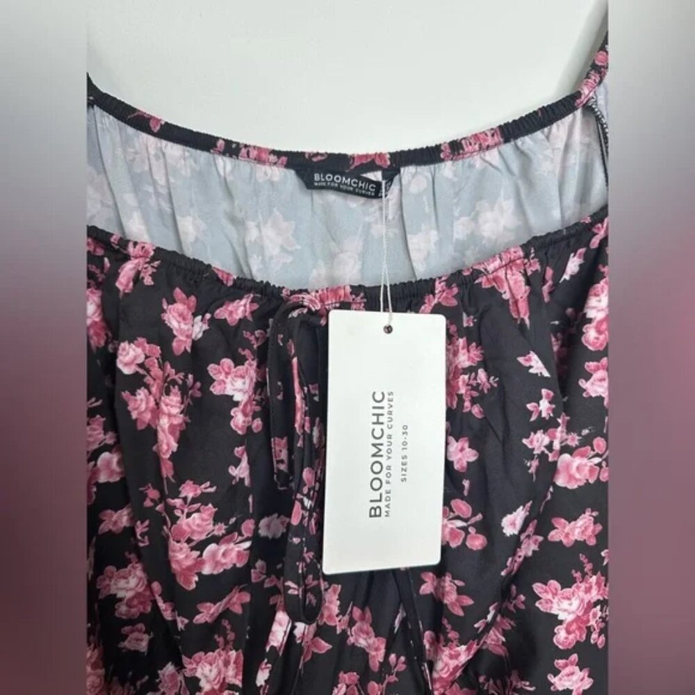 NEW Bloomchic Black & Pink Floral Midi Dress with Puff Sleeve | 28 - Picture 5 of 5